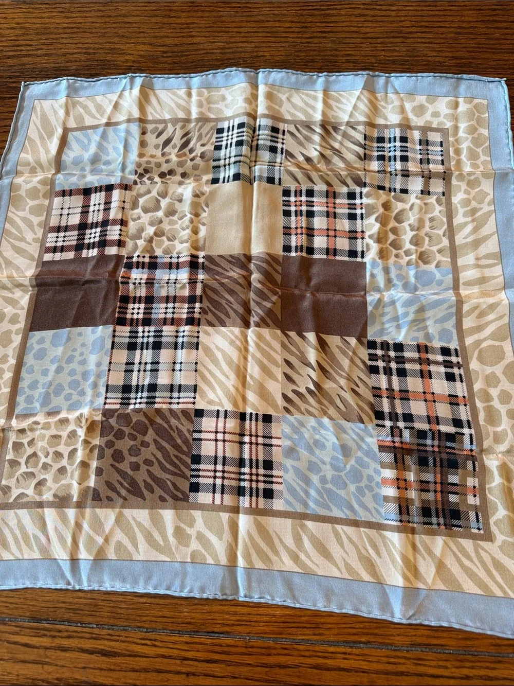 Vintage Silk Scarf Animal Print Plaid Patchwork Square 20 Inch